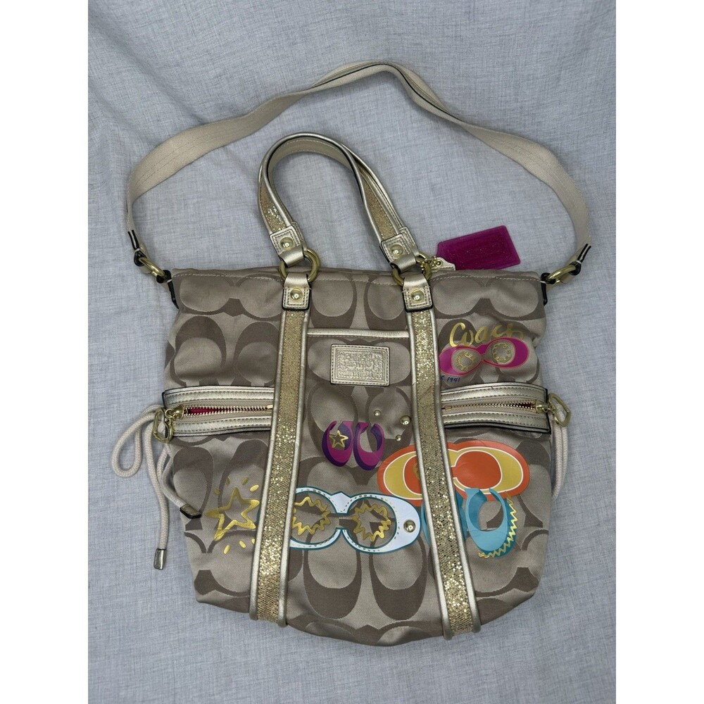 Coach Poppy Applique Gold Multi Crossbody Bag Tote Vintage F21101